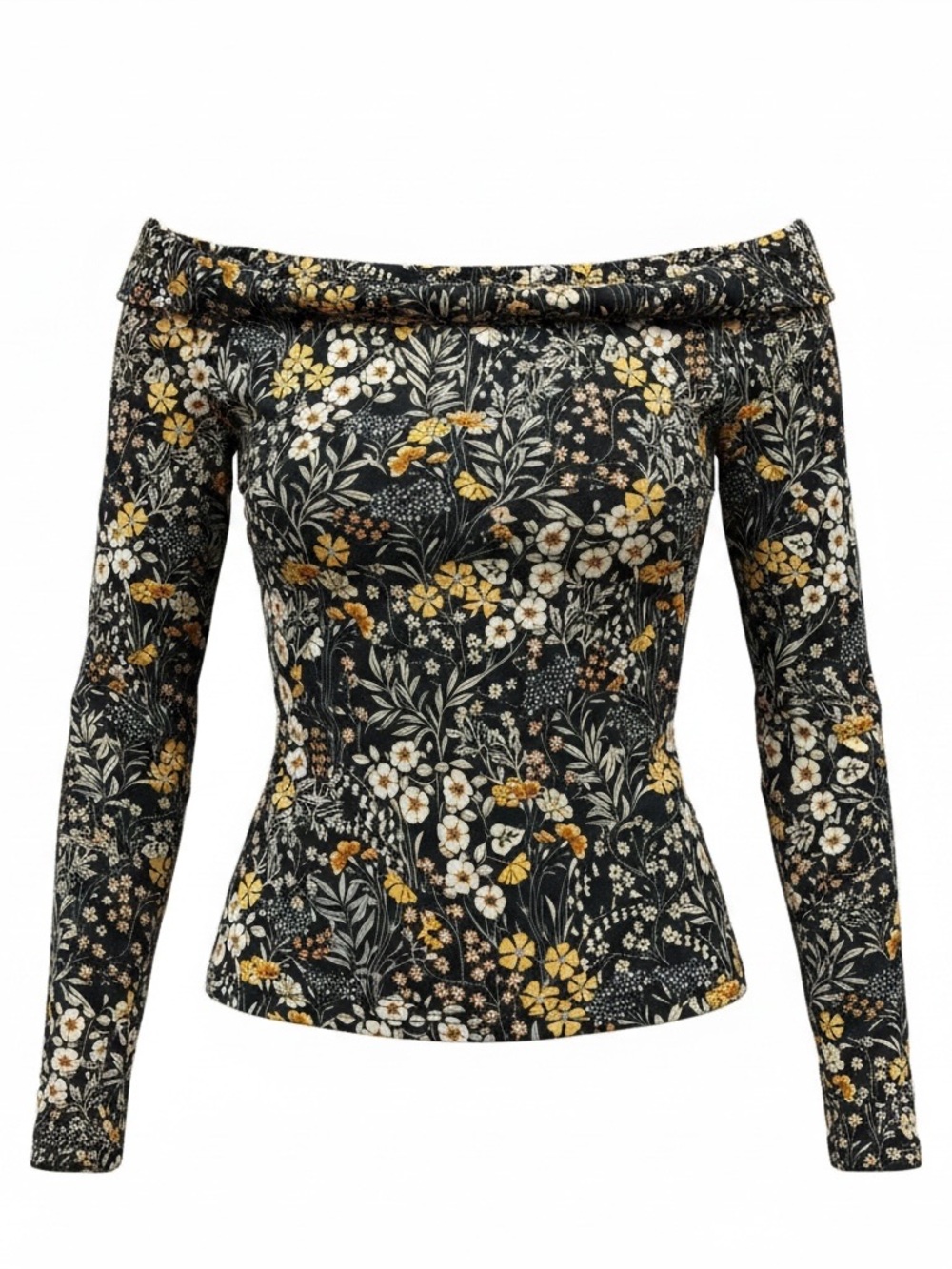 H&M Black Off-Shoulder Floral Top with Mustard Accents